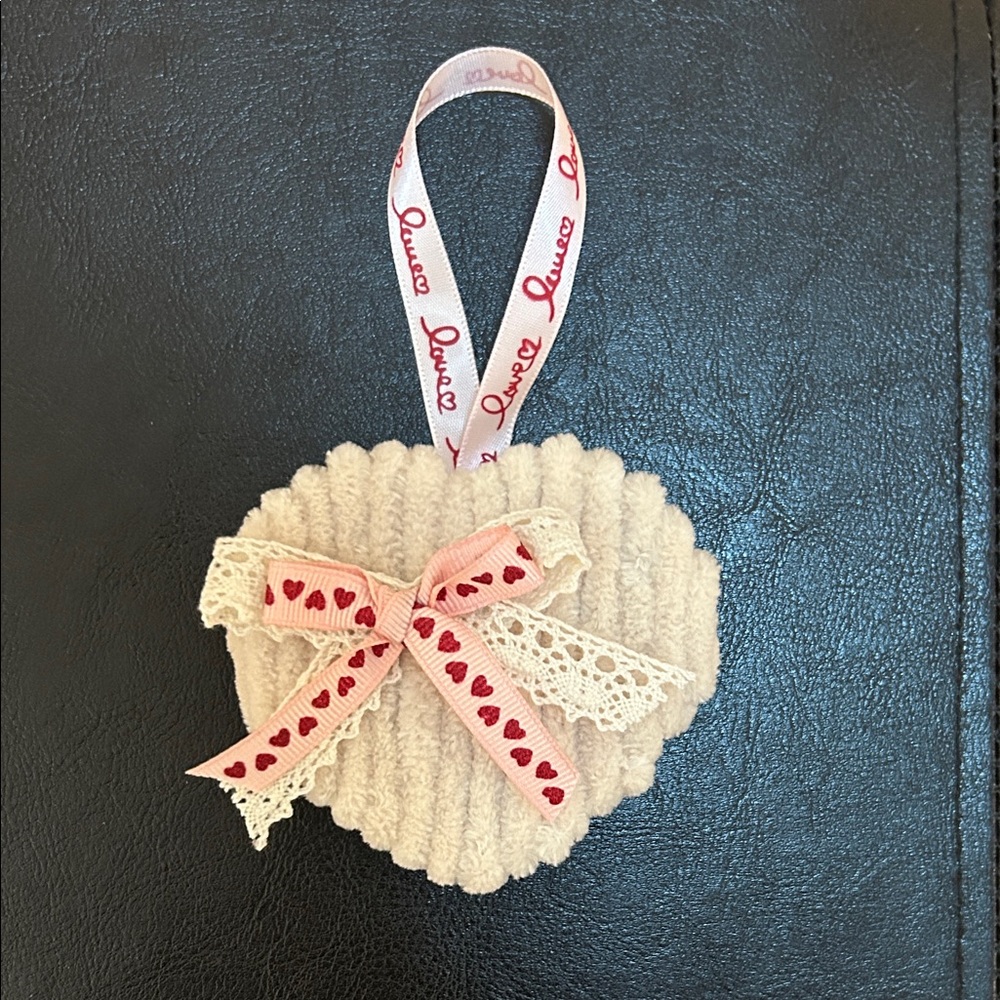 Handmade Heart-Shaped Cream Ornament with Lace and Ribbon